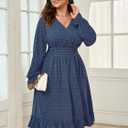 Women's Plus Size Fall Dress Long Sleeve V Neck Smocked Swiss Dot Flowy High Waisted A Line Ruffle Midi Dress (Blue)