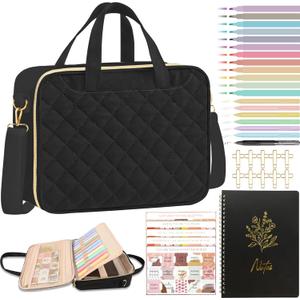 PUGPIU Bible Cover Case for Women, Large Quilted Bible Bag with Shoulder Strap and Handle, Bible Study Supplies Journaling Kit with Highlighters Pens No Bleed Tabs Notebook Cross Clips (Black)