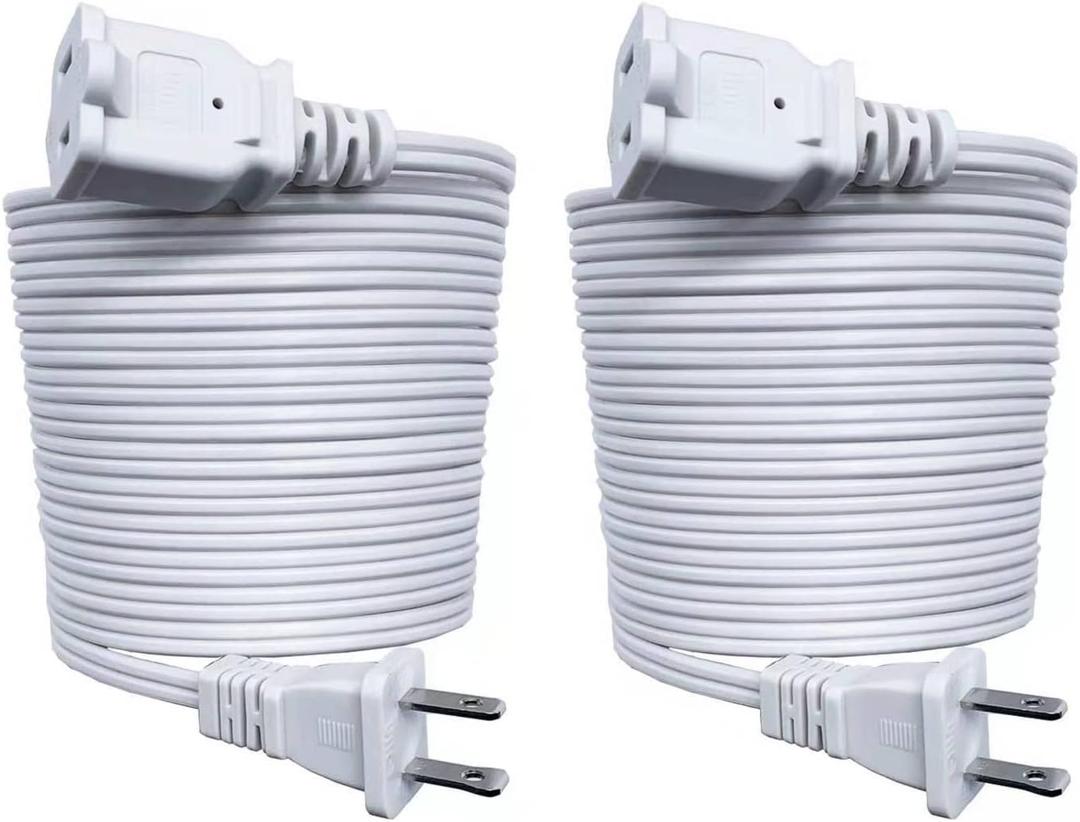 15 FT Extension Cord Indoor US Power 2 Prong Extension Cords, Nema 1-15P Male to NEMA 1-15R Female White 2 Pack 18 AWG 15 Foot