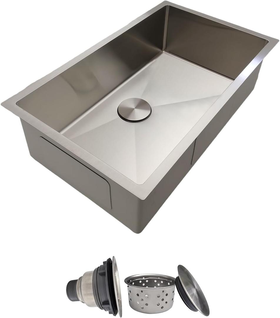 30 Inch Undermount Kitchen Sink - Delironexu 18 Gauge Stainless Steel Single Bowl Kitchen Sinks 30"x18"x9" Handmade Design with Brushed, Includes Drain Kit (No Additional Accessories) (30x18x9 Undermount 18 Gauge, Stainless Steel)