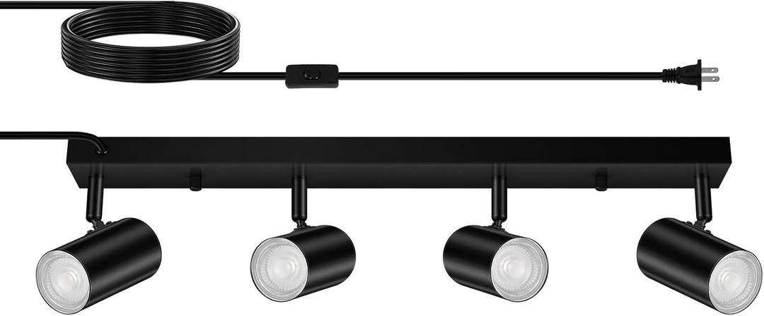 4 Light Track Lighting Kit,Black 4 Way LED Plug in Ceiling Spotlight,Industrial GU10 Wall Light for Kitchen Cabinet Gallery Bar Hallway Living Room,Rocker Switch,15 Foot Cord(No Bulb)
