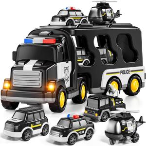 JUKUDAHU Police Truck Toy for 3 4 5 6 Years Old Boys - Carrier Vehicle Toy Set with 3 Small Cars and 1 Helicopter, Kids Friction Powered Car for Age 3-9, Gifts for Boys and Girls