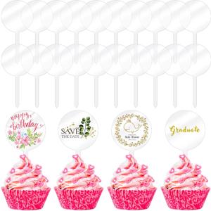 Chunful 30 Pack 2 Inch Circle Acrylic Custom Cupcake Topper, DIY Clear Blank Cake Personalized Cupcake Topper with Sticks for Birthday Party, Easter, Wedding, Baby Shower Cake Decoration