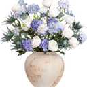 Blue and White Artificial Flowers Arrangement, Lifelike Faux Fake Roses & Scabiosa Bouquet Centerpiece for Home, Coastal Farmhouse Decor & Wedding