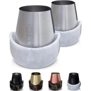 Gusto Nostro White Marble Chiller for Glass and Stainless Steel Tumbler Set of 1 - Freezable Glass Chiller Holder - Cool Set of Chillers and Stemless Metal Tumblers for HomeBar (Silver)