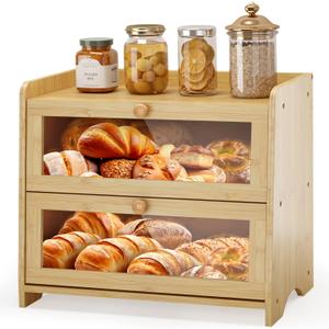 Double Layer Bread Box for Kitchen Countertop, Large Breadbox Bread Container Storage with Windows, Wooden Farmhouse Bread Holder (Natural Bamboo)