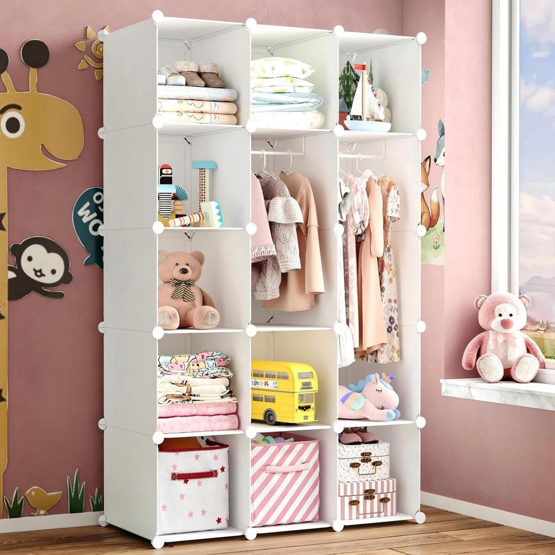 Modular Baby Wardrobe Closet, Portable Children Organizers and Storage for Nursery,15 Cubes with Hanging Rods,Multi-Functional Kids Storage Shelf-Bedroom Clothes Armoire (Boys & Girls)