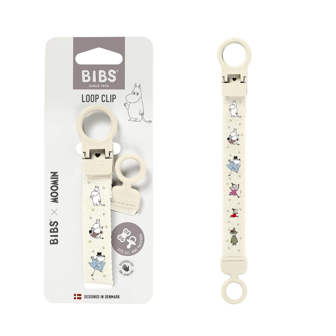 BIBS x Moomins Loop Pacifier Clip - Sleek, Secure One-Handed Operation, Fits All BIBS, Machine Washable, Slim Profile for Comfort, Ages 0+ - Ivory
