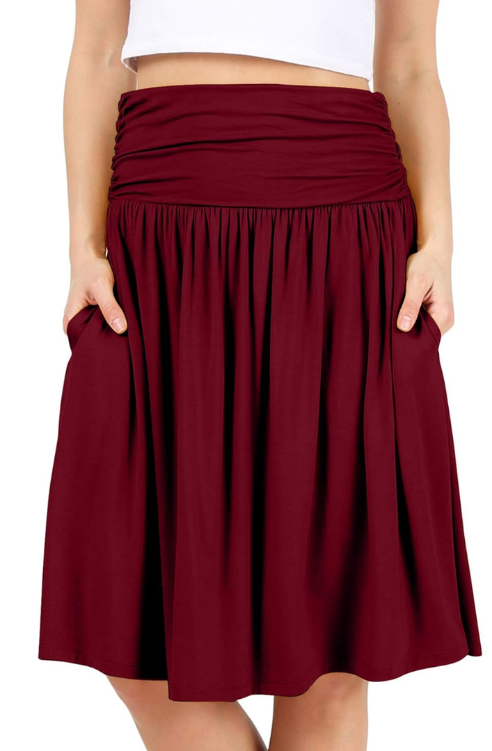 Simlu Skirts for Women Regular and Plus Size Skirt with Pockets Below The Knee Length Ruched Flowy Midi Skirt, Size 37