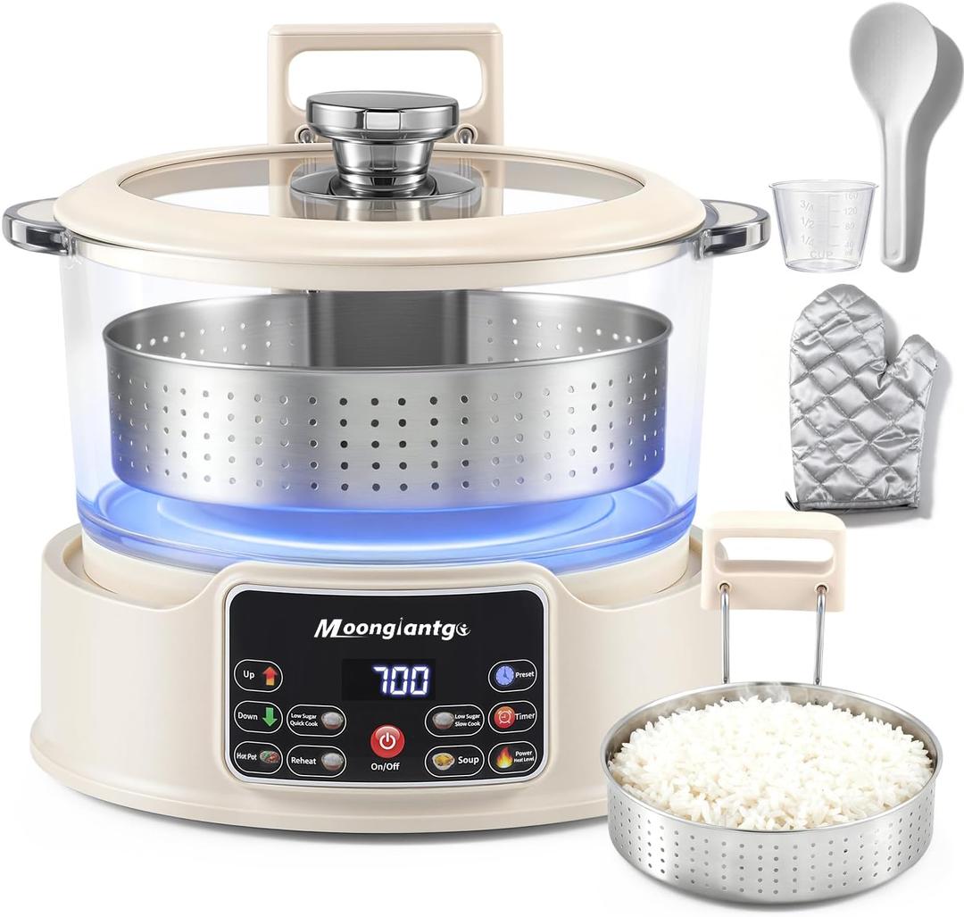 Moongiantgo Low Carb Rice Cooker 3L with Auto Lift Filter Basket, Glass Pot Healthy Low Sugar Rice Maker 700W, Digital Touch Control, 12H Timer & Keep Warm, Steamer for Porridge, Soup, Oats, Grains (White)