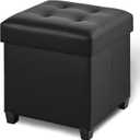 17.7" Ottoman with Storage, Square Storage Ottoman for Dorm, Faux Leather Ottomans with Legs for Living Room, Bedroom, Black