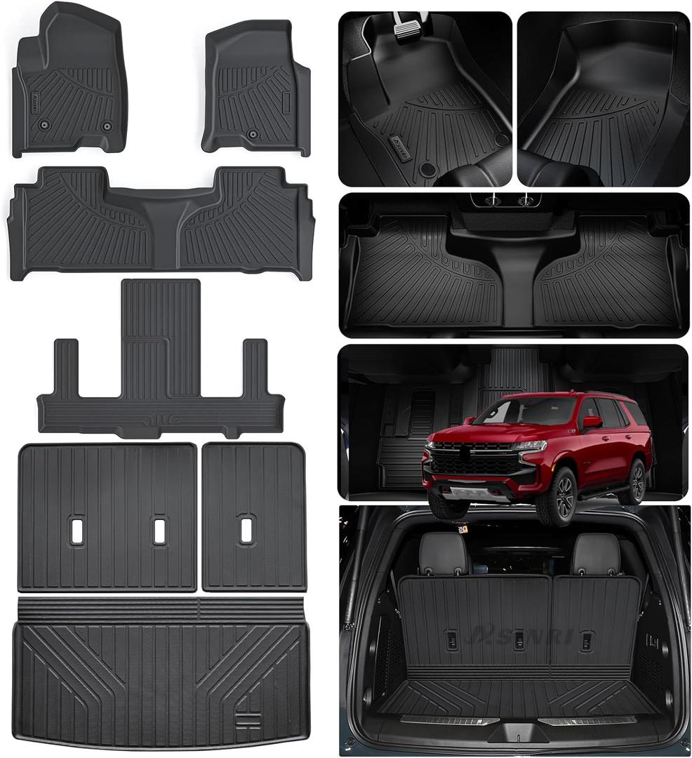 Floor Mats & Trunk Mat & Backrest Mat for 2021-2024 2025 Chevrolet Chevy Tahoe 7 Seats (2 Row Bucket Seat),TPE All Weather Protection Car Floor Mats with Trunk Mat Covering The Backrest