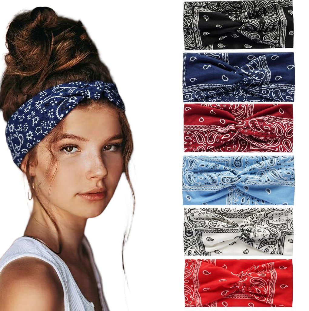 6 Pack Headbands for Women - Short Hair Bandana Headbands, Non Slip Elastic Sweat Hairbands, Soft Fabric Hair Wraps for Girls - Suitable for Workout, Yoga, Running & Sport