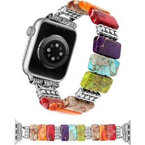 Moolia Natural Stone Bracelet Compatible with Apple Watch Band 5.5 Women, Handmade Elastic Solo Beaded Western Vintage Strap for iWatch Series Small