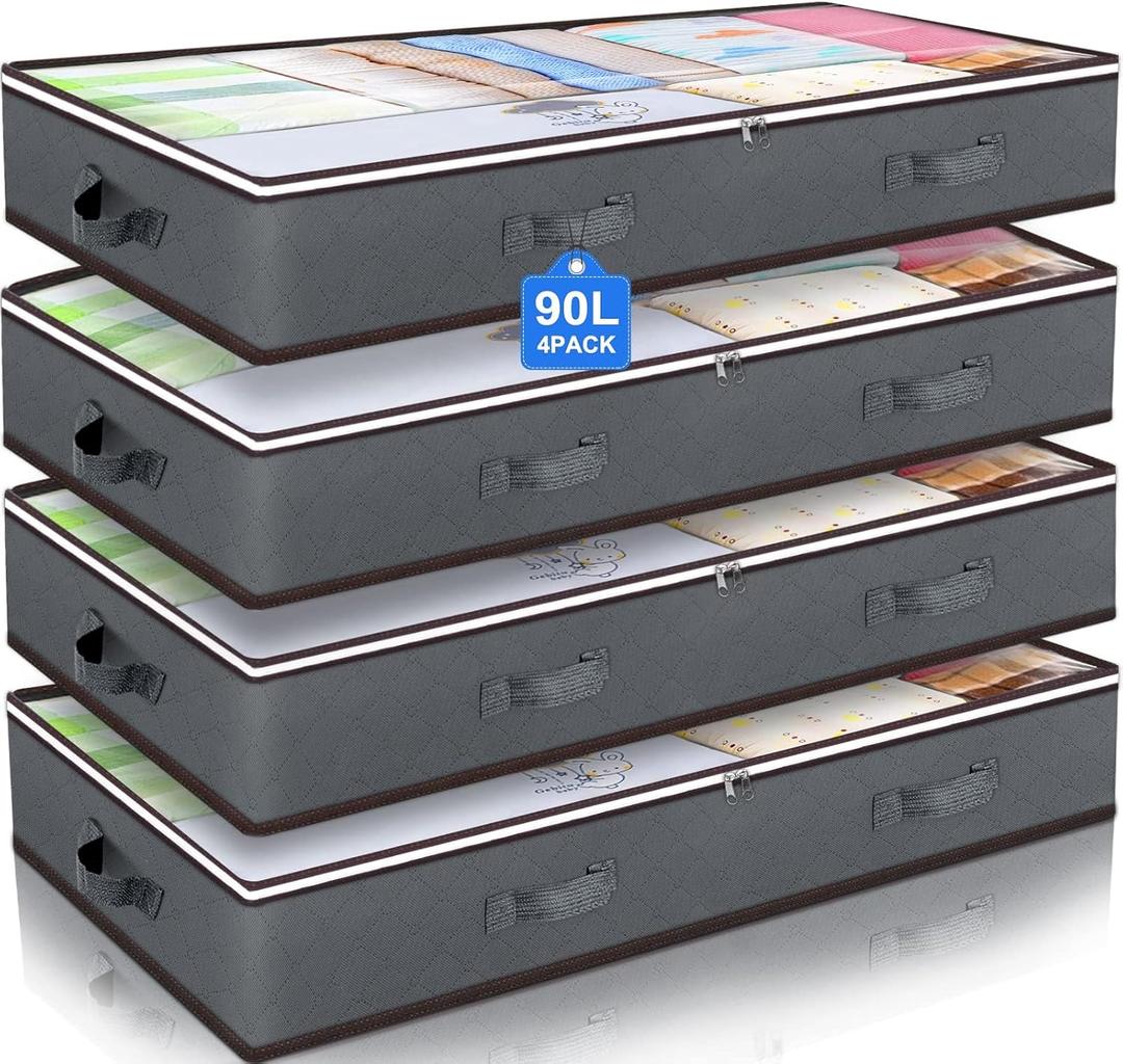 Budding Joy 90L Under Bed Storage Containers, Closet Organizers and Storage Bins, Foldable Underbed Storage Bags for Blanket, Clothing, Comforter, Sweaters, Pillows, Linen Sheets, Wrapping Paper, Grey (4 Pack)