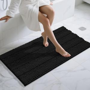Yimobra Bathroom Runner Rugs 55"x24", Non Slip and Absorbent Bath Mat, Super Soft Water Absorbent Hallway Carpet, Machine Washable Rug for Vanity Tub Shower, Black