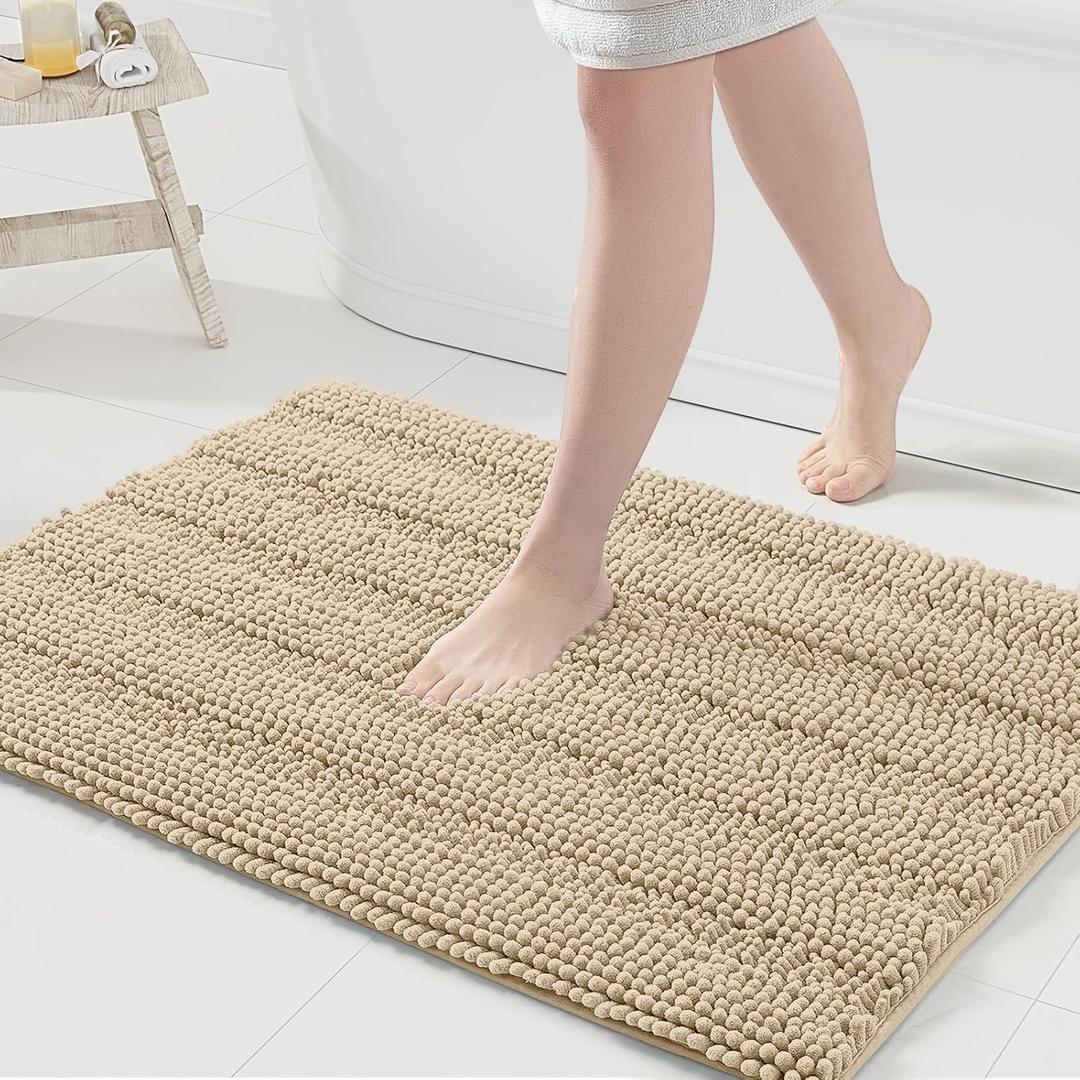 Grandaily Chenille Striped Bathroom Rugs 36x24, Extra Thick and Absorbent Bath Rugs, Non-Slip Soft Plush Shaggy Bath Carpet, Machine Wash Dry, Bath Mats for Bathroom, Beige