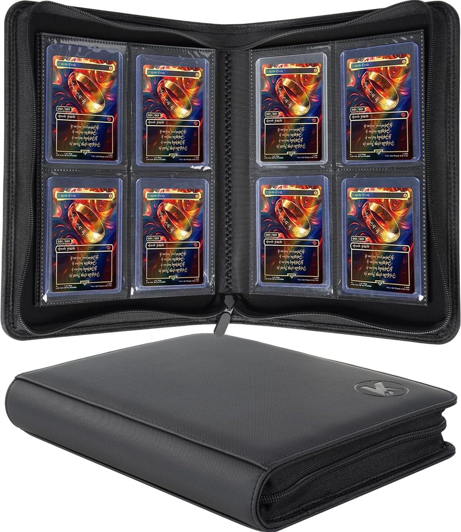 Toploader Binder, Holds 112+ Toploaders, 4 Pocket Top Loader Card Storage Case, Double-Sided Pockets for trading card in 3 x 4'' Toploaders (Black 4 Pocket)
