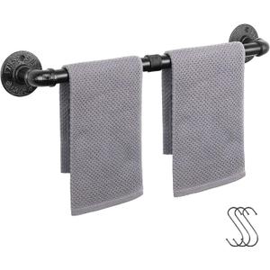 Industrial Pipe Towel Rack Towel Bar, Heavy Duty Wall Mounted Rustic Farmhouse Bath Towel Holder for Bathroom (Black, 24 inch)