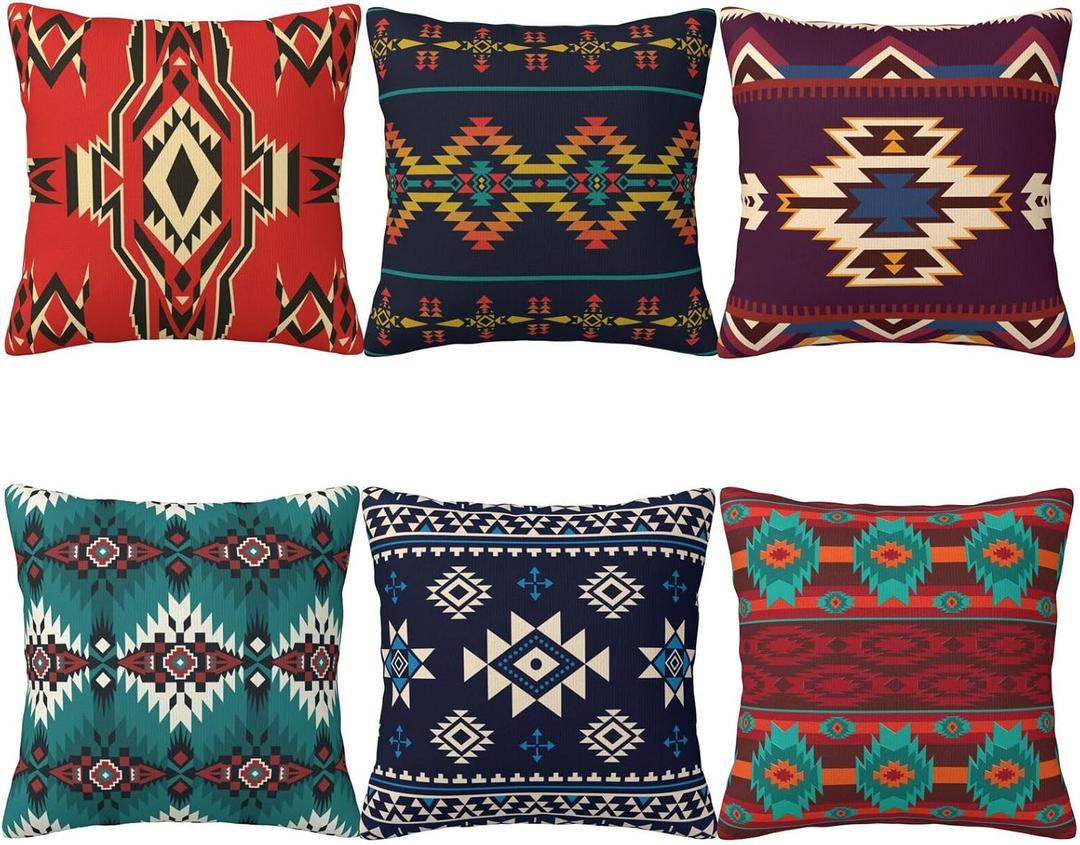 18x18 Inch Plush Throw Pillow Covers Set of 6, Double-Sided Southwestern Aztec Navajo Ethnic Geometric Pattern, Soft Decorative Cushion Covers with Hidden Zipper, No Insert