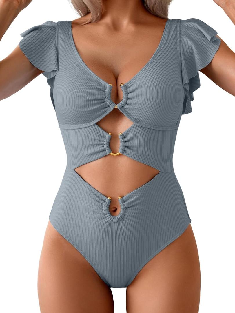 B2prity Women One Piece Swimsuit Tummy Control Ruffle Sleeve V Neck Bathing Suit Cutout Sexy High Waisted Monokini (Blue, XL)