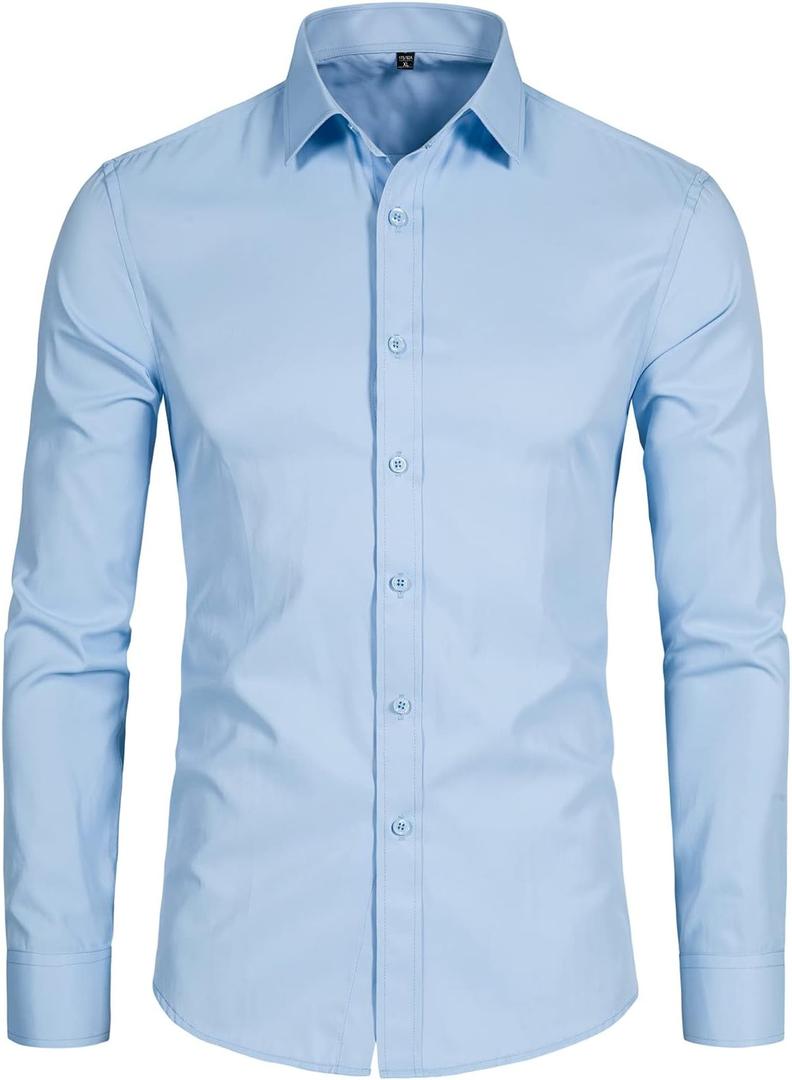 Men's Long Sleeve Button Up Shirts Solid Slim Fit Casual Business Formal Dress Shirt (Large, Light Blue)