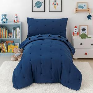 4 Piece Toddler Bedding Sets for Boys, Navy Blue Embroidery Toddler Comforter Sets Bed-in-a-Bag Includes Reversible Comforter, Flat Sheet, Fitted Sheet and Envelope Pillowcase | Soft Microfiber, Embroidery Quilted, Fine Craftsmanship, Machine Washable, 3 Color Options