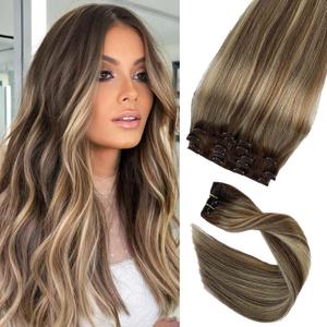 Clip in Hair Extensions Human Hair 18Inch Balayage Brown to Ash Brown and Bleach Blonde Clip on Extensions Full Thick Ends Blonde Highlights Remy Hair Extension 7pc 70g