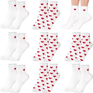 Haawooky 8 Pairs Cute Heart White Red Socks,2 Styles Ankle Socks for Women,Frilly Fun Heart Pattern Crew Socks for Valentine's Day Gift,Women Girls