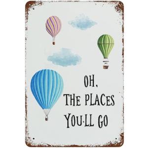 Vintage Wall Decor Iron Painting Vertical Plate Oh The Places You'll Go Playroom Art Watercolor Hot Air Baloon Retro Tin Signs Vintage Metal Tin Sign Wall Decor for Bars,Home Beer 8x12 inch