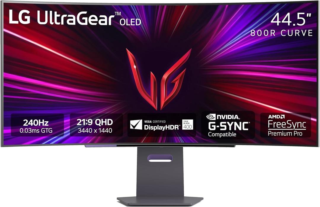 LG 45GS95QE Ultragear OLED Curved Gaming Monitor 45-Inch WQHD 800R 240Hz 0.03ms DisplayHDR True Black 400 AMD FreeSync Premium Pro NVIDIA G-Sync HDMI 2.1 DisplayPort Tilt/Height/Swivel Stand - Black