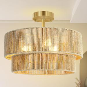 BoostArea 16.54 Boho 2-Tier Rattan Ceiling Light Fixture, Semi Flush Mount Woven Chandelier for Bedroom, Dining Room, Kitchen, Entryway, Living Room(Bulb not Included)