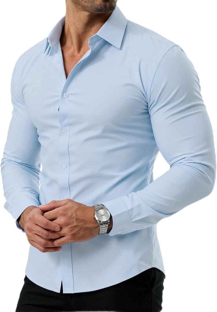 PLEPAN Men's Button Down Shirt Slim Fit Stain Proof Wrinkle Free Dress Shirt Long Sleeve Work Shirts Sky Blue, M