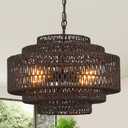 20" Black Boho Rattan Chandelier Woven Rattan Hanging Light Farmhouse Chandelier 4-Light Bamboo Wicker Light Fixtures for Dining Room, Kitchen Island, Bedroom Entryway