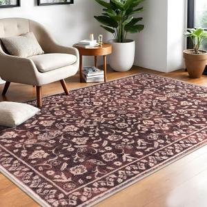 Vintage 4x6 Area Rug, Burgundy Entryway Rug Non-Slip, Washable Living Room Rug Thin Printed Faux Wool Floor Super Soft Carpet Throw Rugs for Bedroom Dining Room Indoor Office (Warm Burgundy Brown)