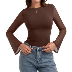 PINKMSTYLE Womens Sexy Sheer Mesh Bell Sleeve Tops Boat Neck Ruched Long Sleeve Shirt Going Out Outfit (Small, Brown)