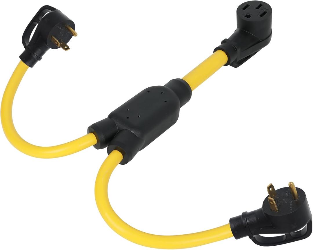 2.2FT Y Splitter 30 Amp to 50 Amp RV Adapter, Two 30A TT-30P Male Plug to 50A 14-50R Female Plugs, 10AWG Adapter Cord for RV and EV 125/250V with Disconnect Handle