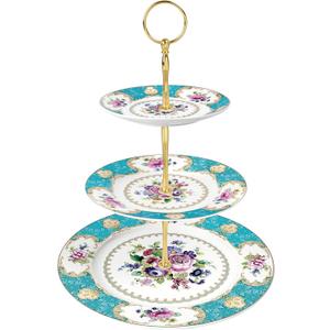 fanquare 10 Inch Floral Porcelain Cake Stand, Vintage Dessert Plate with Gold Trim, Blue Tea Cake Stand (Blue, Three-Tier)