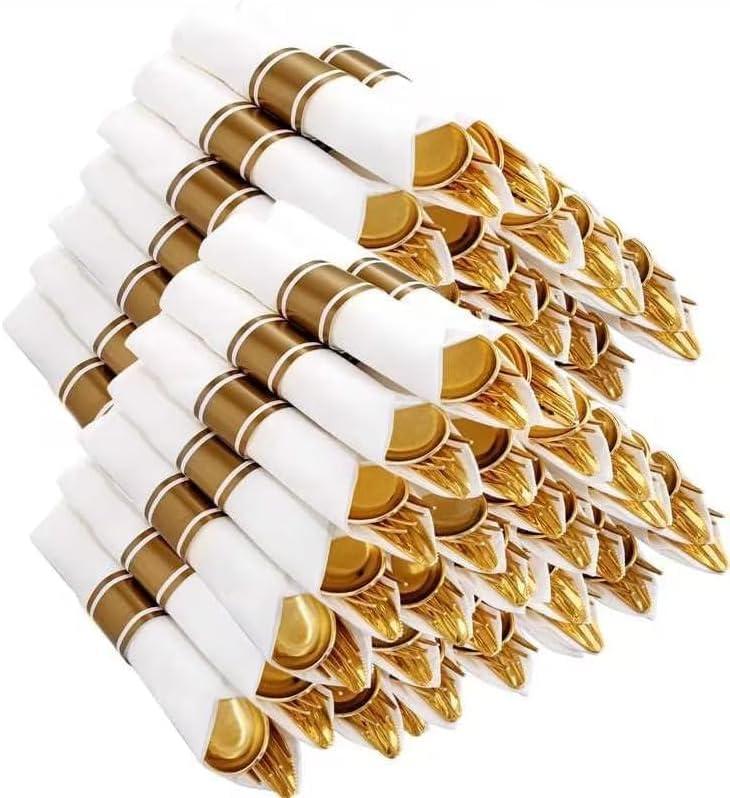 Joyido 400PCS Pre Rolled Gold Plastic Silverware Sets - Heavy Duty Gold Cutlery - Include 100 Pack Wrapped Disposable Utensils with Napkins for Parties, Dinners & Weddings