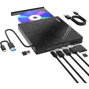 AGPTEK 8 in 1 External CD/DVD Drive for Laptop, USB 3.0 Ultra Slim Portable CD Burner with 4 USB Ports and 2 TF/SD Card Slots, External DVD Drive Compatible with Mac, PC, Windows 11/10/8/7, Linux