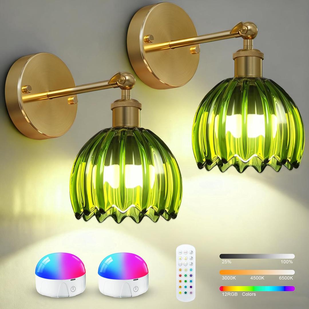 Smaryong Vintage Battery Operated Wall Sconces Set of Two, with Green Tulip Glass Lampshade, Wireless Rechargeable Battery Powered Wall Light for Bedroom Living Room Bathroom Hallway Home Decor