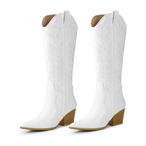 Arromic Cowboy Boots for Women Comfortable Womens Embroidered Western Cowgirl Knee High Boots Pointed Toe Zipper Chunky Heel Country Outfit Retro Tall Boots 6.5