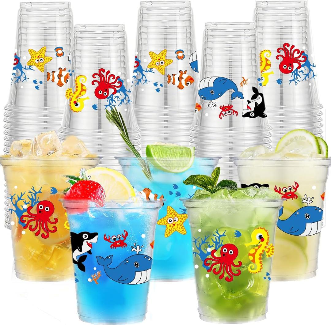 50Pcs Under the Sea Party Decorations Cups, Under the Sea Ocean Animals 12 oz Disposable Plastic Cups for Baby Shower Ocean Bachelorette Summer Birthday Party Favor Decorations Supplies
