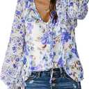 Biucly Women's Casual Boho Floral Print V Neck Long Sleeve Drawstring Tops Loose Blouses Button Down Shirts (X-Large, Blue)