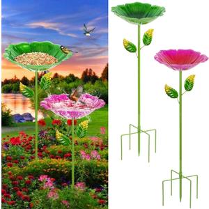 2 Pack Bird Baths for Outdoors, Colorful Metal Bird Bath for Outside, Hummingbird Bath with Five Stakes, Garden Flower Small Birdbath for Garden Decor, 31.3" H x 10.63" Dia (Red,Green)