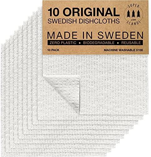 SUPERSCANDI 9 Pack Swedish Dishcloths for Kitchen - 100% Biodegradable & Compostable Reusable Paper Towels Washable, Food-Safe & Without Plastic - Dish Rags Suitable for Any Surface, White