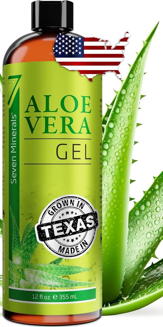 Seven Minerals Organic Aloe Vera Gel from freshly cut 100% Pure Aloe - Big 12oz - Highest Quality, Texas grown, Vegan, Unscented - For Face, Skin, Hair, Sunburn relief