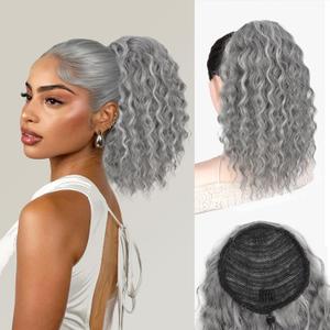 QGZ Ponytail Extension Drawstring Ponytail for Black Women 14 Inch Synthetic Long Afro Curly Fluffy Ponytail for Daily Use(Gray Mixed)