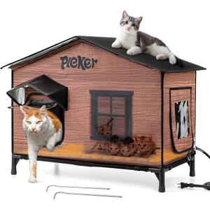 Heated Cat House for Outside: 100% Waterproof & Insulated Outdoor Cat House for Winter, Weatherproof Elevated Feral Cat Shelter with Heating Pad, 3 in 1 Warm Houses for Outdoor Cats Stray
