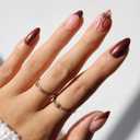Glamnetic Press On Nails - She's A Gift | Short Almond Fake Nails in Burgundy Chrome with French Tips and Ribbon Designs with 3D Gems, Salon Quality | 15 Sizes - 30 Nail Kit with Glue